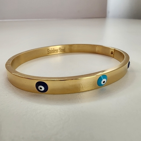 NWT Golden Triple Evil Eye Stainless Steel Bangle Bracelet - Picture 7 of 8